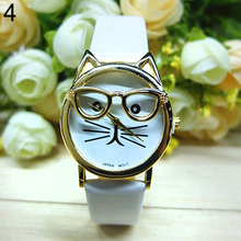Fashion Unisex New Wristwatches Women s Men s Cute Glasses Cat Case Faux Leather Analog Quartz