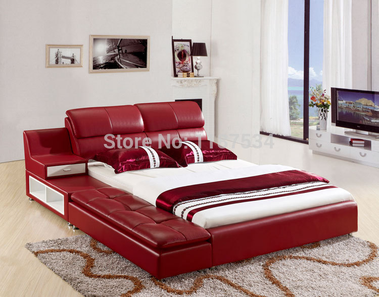 King size 238*236*100cm leather soft bed with nightstand and sofa bed ...