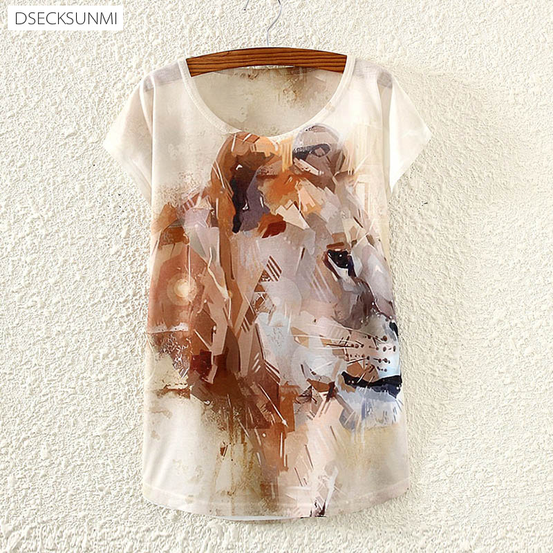2016 Brand New Polyester T Shirt Women Short Sleeve t shirts o neck Causal loose Painting