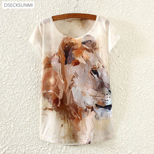 2016 Brand New Polyester T-Shirt Women Short Sleeve t-shirts o-neck Causal loose Painting lion t shirt Summer tops for women