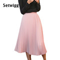 SETWIGG 2016 Spring Thick Chiffon Pleated Long Skirt Women Stretch Waist Candy Pink Gray Calf length