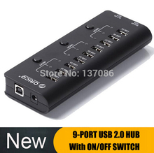 1Pcs ON/OFF Sharing Switch Mini 9 Port USB 2.0 HUB with power adapter plus 2-port usb charger Black For apple Laptop PC