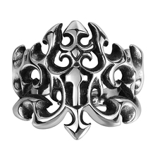 Lureme Fashion Stainless Steel Man Fine Jewelry Gothic Triple Fleur De Lis Silver Black Ring for Men Vintage US size