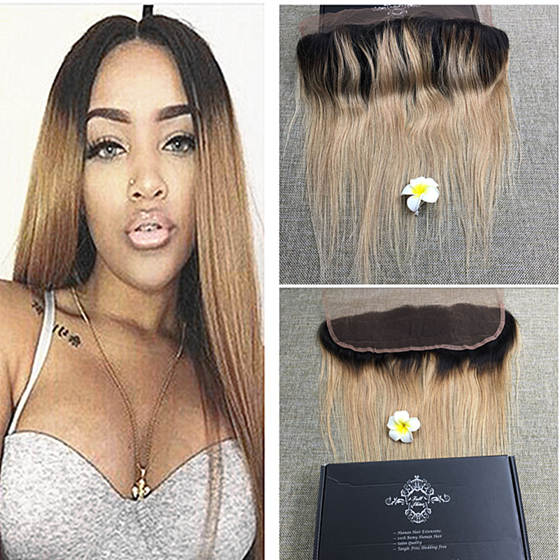 Фотография Full Shine Two Toned Color 1b Ombre 27 Lace Frontal Closure With Ear to Ear Baby Hair Straight Human Hair Lace Front Grade 7a