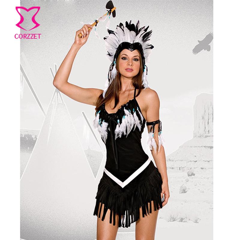 Exotic Apparel Black&White Flannel Feathers Decoration Sexy Indian Costume Cosplay Clothes Carnival Halloween Costumes For Women