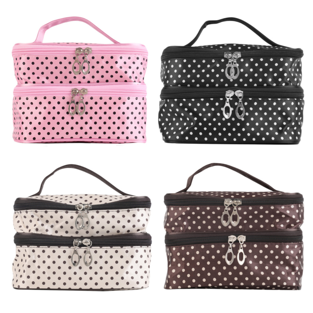 Double layer small dots cosmetic bag makeup tool storage bag Multifunction Cosmetic Bag Makeup Case Pouch Toiletry Organizer