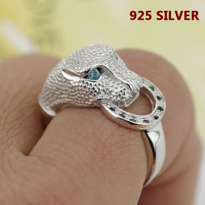 Hot Fashion High Quality 925 Sterling Silver Leopard Head Ring Fine Jewelry Inlay zircon imitation diamond
