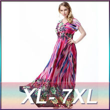 XL-7XL 2016 new plus size high-end boutique European style beach resort beach dress sexy round neck fertilizer ice silk dress