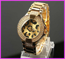 Hk moda del envío GSS marca Leopard Dial reloj de vestir de lujo Rhinistone reloj famosa marca oro rosa dorado reloj