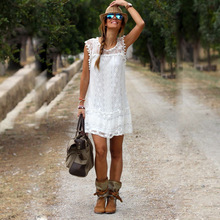 Casual Women Lace Dress Summer Beach Dress Hollow Out Loose Sleeveless Top O-Neck Mini robe dentelle boho clothing A1074
