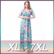 XL-7XL Plus Size Women’s Fresh Flower Print Short-sleeved V-neck Sexy Long Dress Big Size Summer Women Dresses