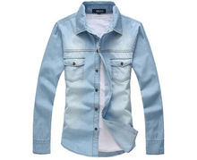 2015 New Vintage Men’s Fashion Denim Shirt Long Sleeve Light Blue Jeans Shirt Top quality Hot Selling MCL139