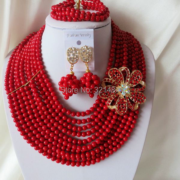 Fashion Nigerian Wedding African Beads Red Coral Beads Jewelry Set Necklace Bracelet Earrings CJS-322