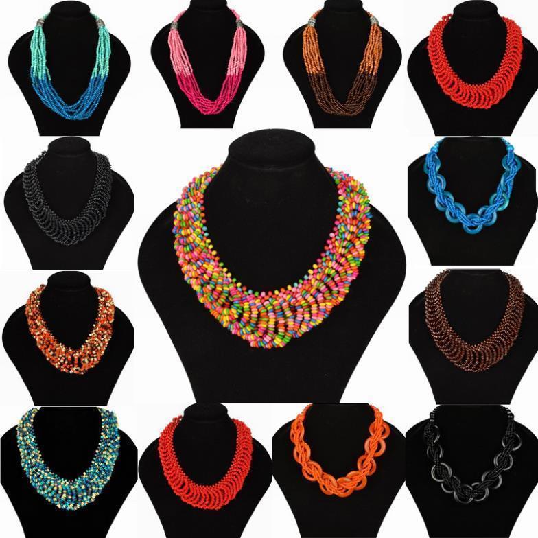 New Fashion Style Bohemian Necklace for Women Colorful Choker Wood Beads Multi layers Statement Bib Necklace