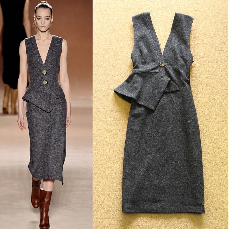 New 2016 women spring runway fashion Dresses elegant slim woolen designer midi dress casual brief girl Dress D5010