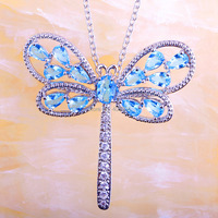 lingmei Free Ship Graceful Blue White Topaz 925 Silver Chain Necklace Pendant Women Jewelry Purple Dragonfly Design Wholesale