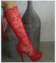 Sexy Red Lace Up Mesh Knee High Boots Wedding Shoes Woman High Heels Platform Women Boots 2015 Spring Autumn Boots Botas Mujer