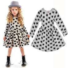 2016 New Spring Autumn European Style Cartoon Print Baby Girls Casual Dresses Long Sleeve Grey Cotton Toddler Girl Clothing Cat