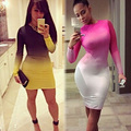 New Fashion 2016 Women Desigual Sexy Long Sleeve Pink White Gradient Print Slim Bodycon Mini Dress