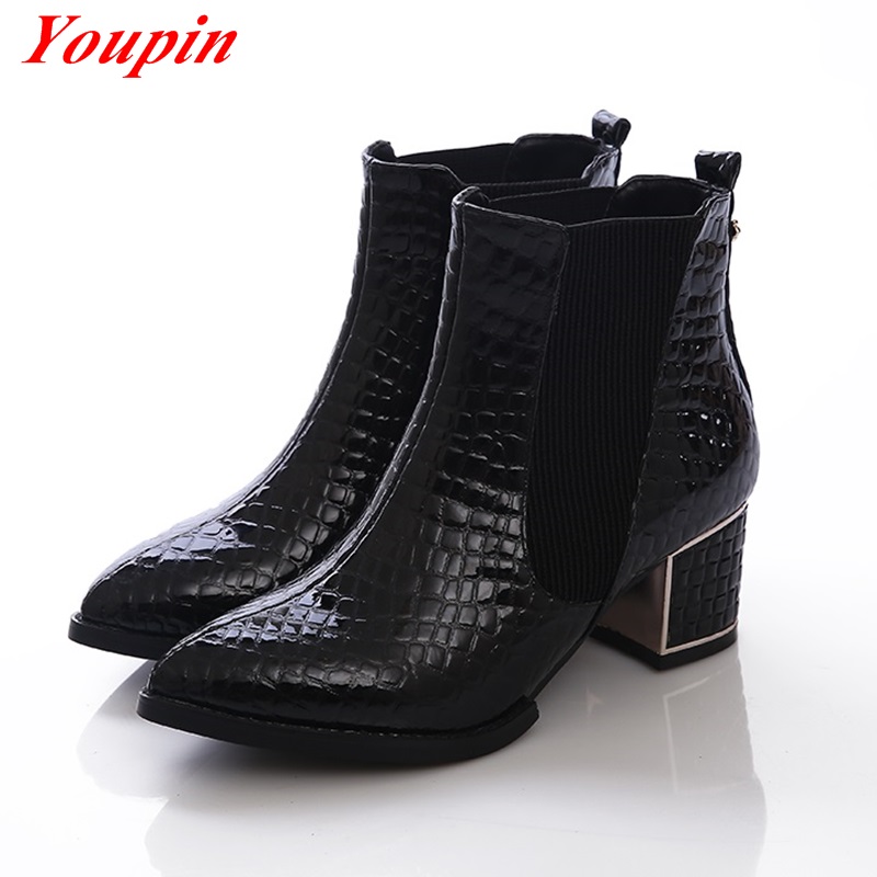 British style plaid Thick with Pointed Toe Ankle boots Duantong 2015 Latest autumn winter Black zipper Chelsea winter Boots