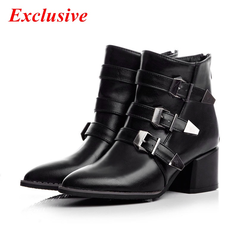 Metal decorative belt buckle Pointed Toe Black Red Grey Duantong temperament ankle boots 2015 Autumn winter Short plush boots