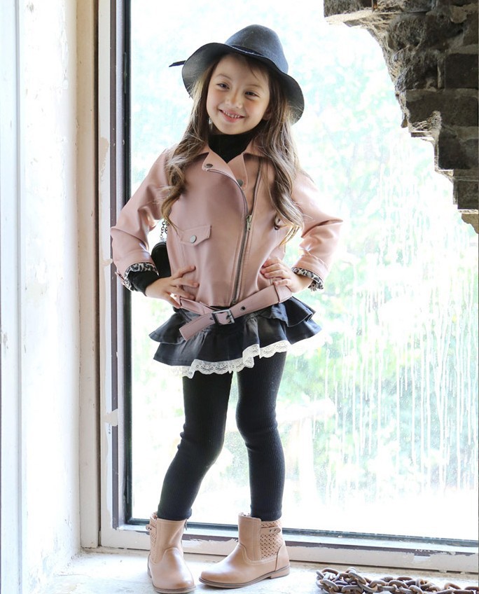 2015 Kids Girls Pu Jackets Baby Girl Fall Winter Fashion Outwear Girl Stylish Sash Top  babies clothes
