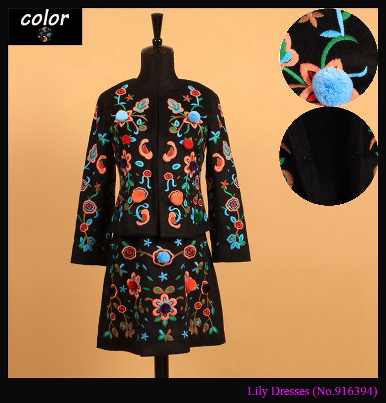 2015 Autumn Winter New Fashion Runway Women's Elegant Long Sleeve Top + Vest Dress Black Embroidery Flowers Twinset