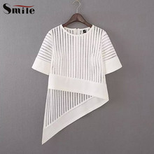 2016 Hollow Out Women Asymmetrical Mesh Tops Short Sleeve Hole Transparent Shirt Woman Irregular Sexy Summer See Through Blouse