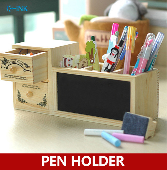 Vintage wooden pen holder with magnetic blackboard , school & office desk pencil holder as desk organizer