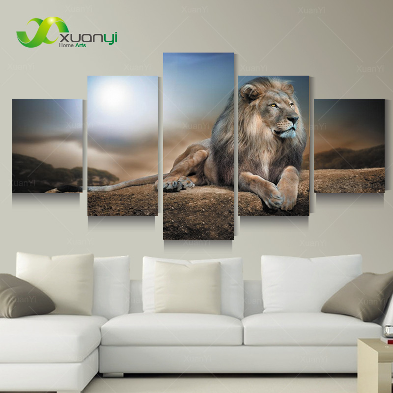 5 Panel Wall Art Modern Printed Animal Lion Oil Painting Canvas Painting Home Decor For Living Room Canvas Print Unframed PR1182