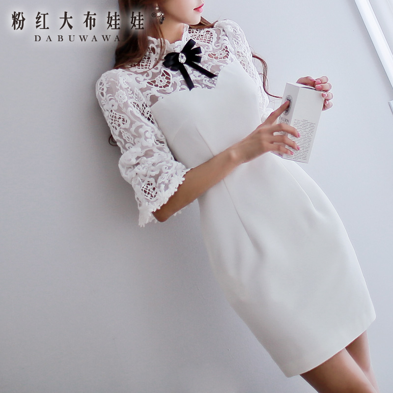Thin dress pink doll spring 2015 new women's high necked lace slim dress
