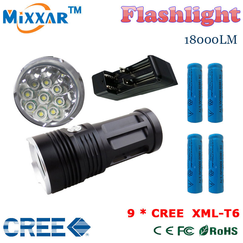 zk30 led flashlight Torch MI-9 18000 lumen 9x Cree XM-L T6 tactical Lantern suitable 4x18650 battery can use for Camping
