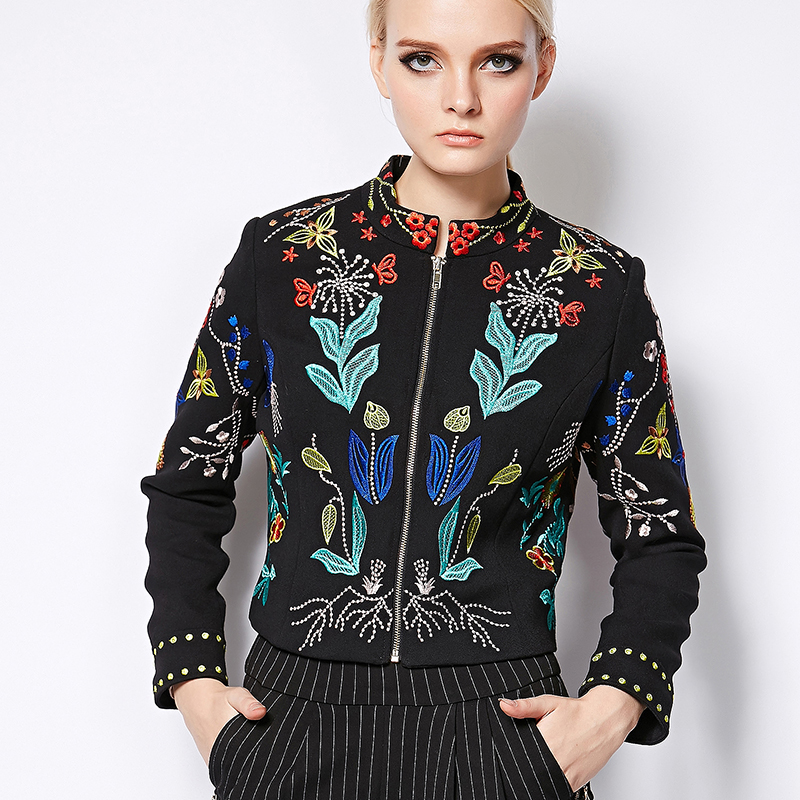 Vintage Jacket 2015 Autumn-Winter New Fashion Runway Coat Full Sleeve Mazy Flower Embroidery Black Brand Jacket Women
