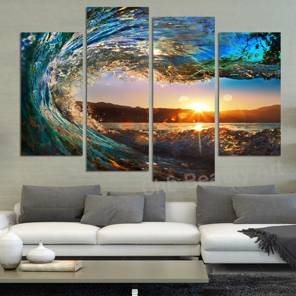 4 Panel Modern Seascape Painting Canvas Art Sea wave Wall Picture For