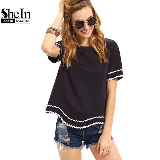 Shein женщин 2016 новое поступление мода топы дамы футболки экипажа шеи махнул отделка с коротким рукавом