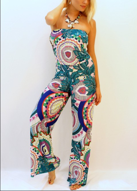 Women Summer Long Bohemia Print Vintage Wide leg Palazzo Pants Rompers Monos Jumpsuit Elegent Cute Combination