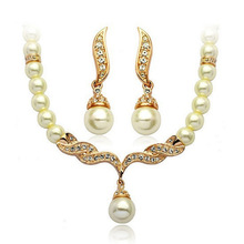 Rhinestone Rhodium Plated Necklace And Earrings Imitation Pearl Jewelry Set Wedding Jewelry Sets Conjunto Collar Y Pendientes