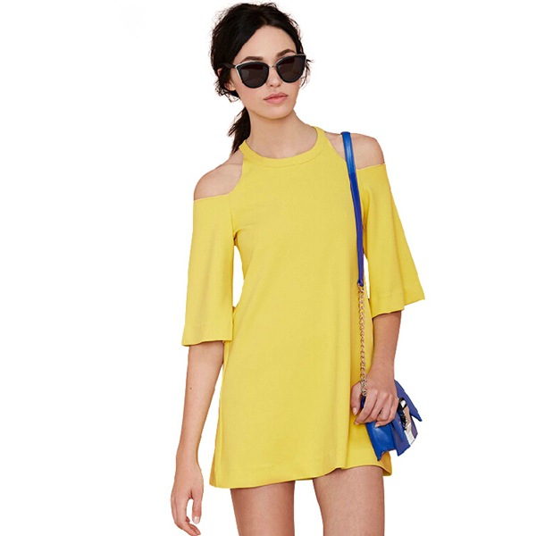 ... Women yellow brief off shoulder flare sleeve A-line mini dress plus