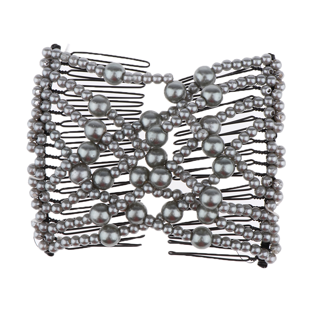 Women's Elastic Double Magic Hair Combs Gray Artificial Pearls Beaded