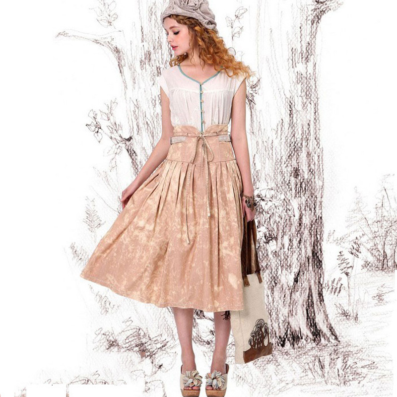 2015 Women Summer Denim Skirt Fashion High Waist Denim Pleated Skirt  Artka Vintage Skirt High Quality
