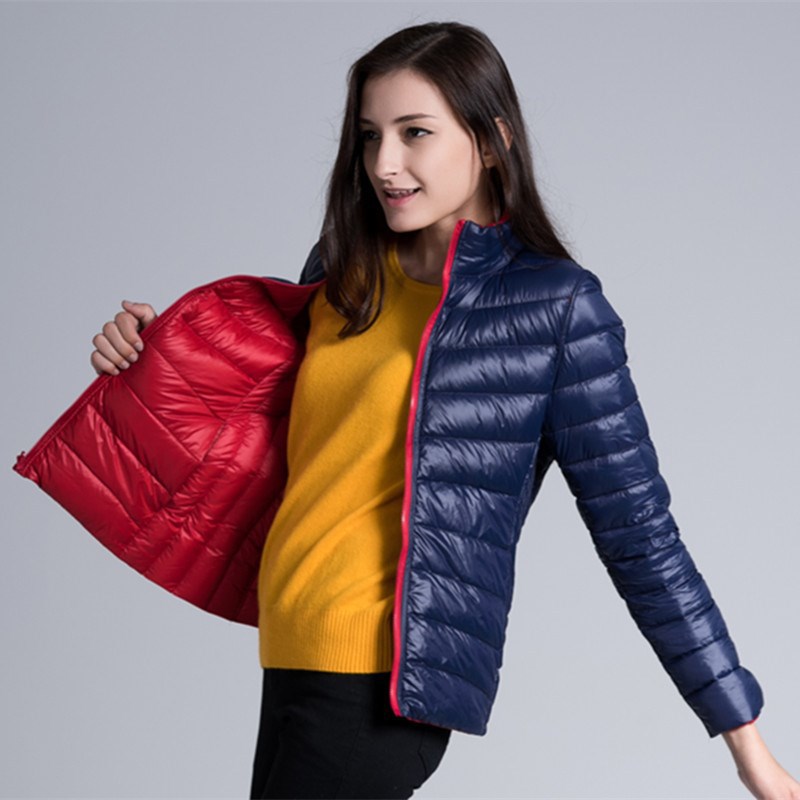 2015 Winter Coat New Duck Down Thin Female Long sleeved Jacket Stand Collar Women Reversible Both