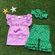 baby Girls Summer clothes baby girls boutique clothing girls starfish wishes mermaid kisses outfits with matching headband