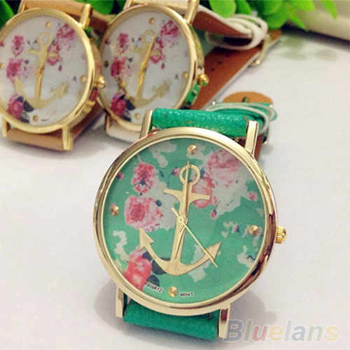 Women's Faux Leather Floral Printed Anchor Quartz Dress Wrist Watch 1NTS 1Q1Q