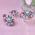 Vintage Earrings Ring Sets Turkish Flower Antique Silver Plated French Hooks Brincos Pendientes Anillos Mujer Brand