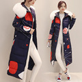 Luxury Soft Fur Collar Hooded Women Coat Winter Warm Down Cotton Woman Long Coat Fashion Printed