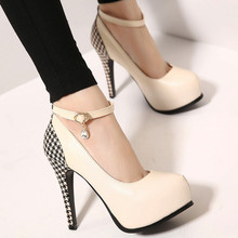 2016 Hot Sale Female Casual Round Toe Pumps Women’ Thin High Heeled Buckle Single Shoes Fashion Girls’ Rhinestone Platform Shoes