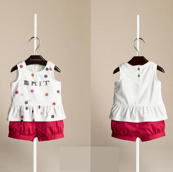 2014 New summer baby girl suit white dot letter vest top + rose red shorts 2pcs set kids suit girls casual clothing set 6set/lot