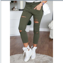 New European Summer Solid Pants Women Ripped Skinny Pants Female Slim Fashion Strecth Trousers Pocket Pencil Pants
