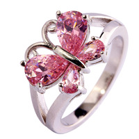 lingmei Lady Fashion Pink Topaz 925 Silver Ring Size 6 7 8 9 10 11 Jewelry Beautiful Butterfly For Women Free Shipping Wholesale