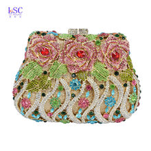 LaiSC Luxury crystal clutch evening bags Rose flower sparkly women diamante bag colorful wedding banquet handbags prom bag SC040